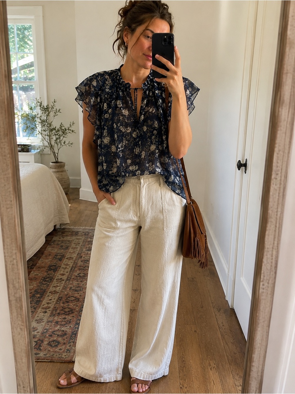 Ulla Johnson 100% Silk Navy Floral Sheer Flutter Sleeve Boho Blouse Size 4/S